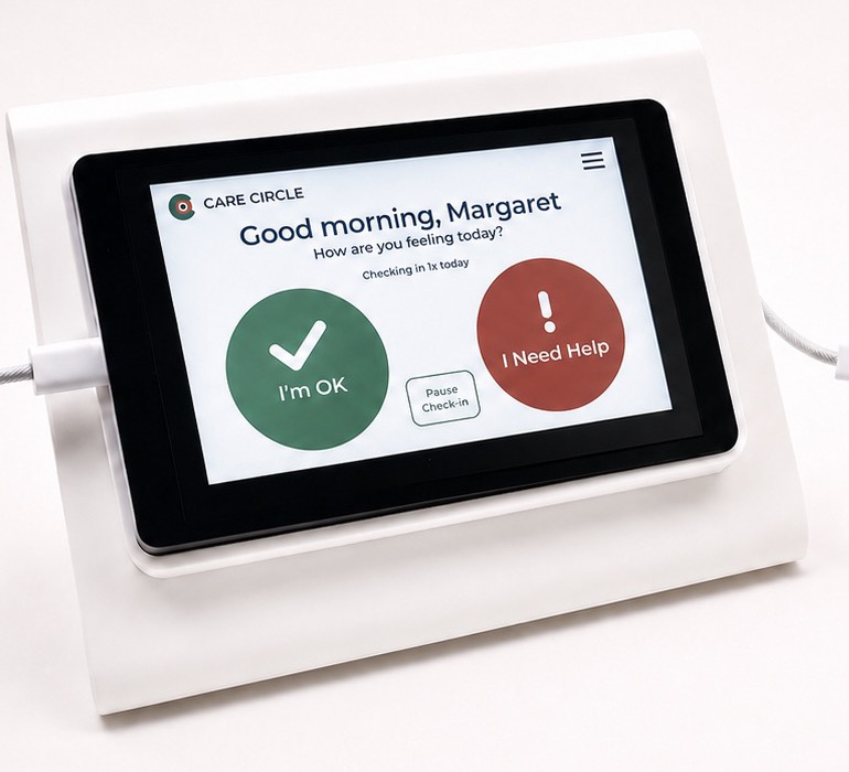 The Care Circle device showing Good morning, Margaret with two large circular buttons
