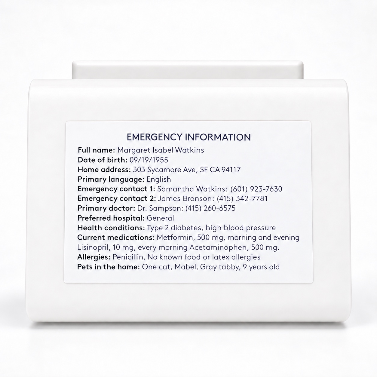 A printed emergency information card attached to the back of the device, listing contacts, doctor, conditions, medications, allergies and pets