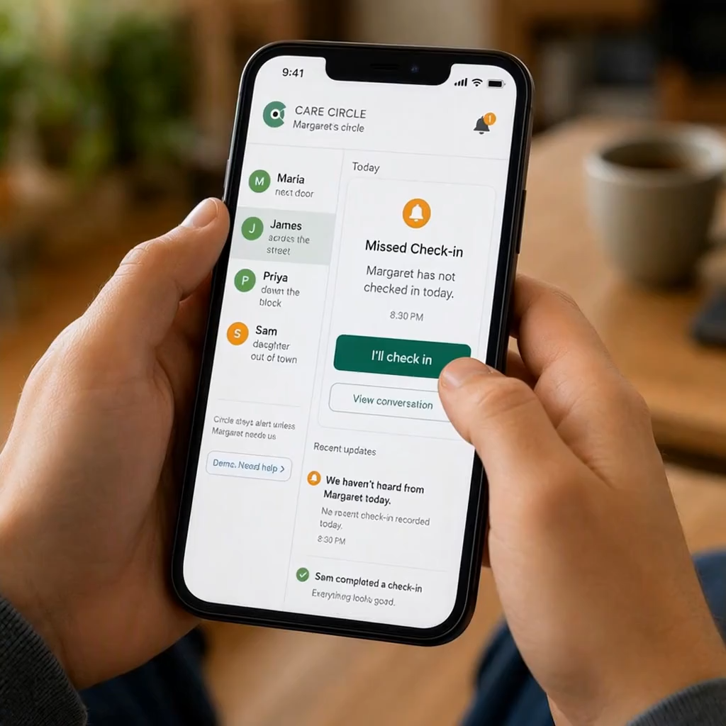 A phone showing the Care Circle family view with a missed check-in alert
