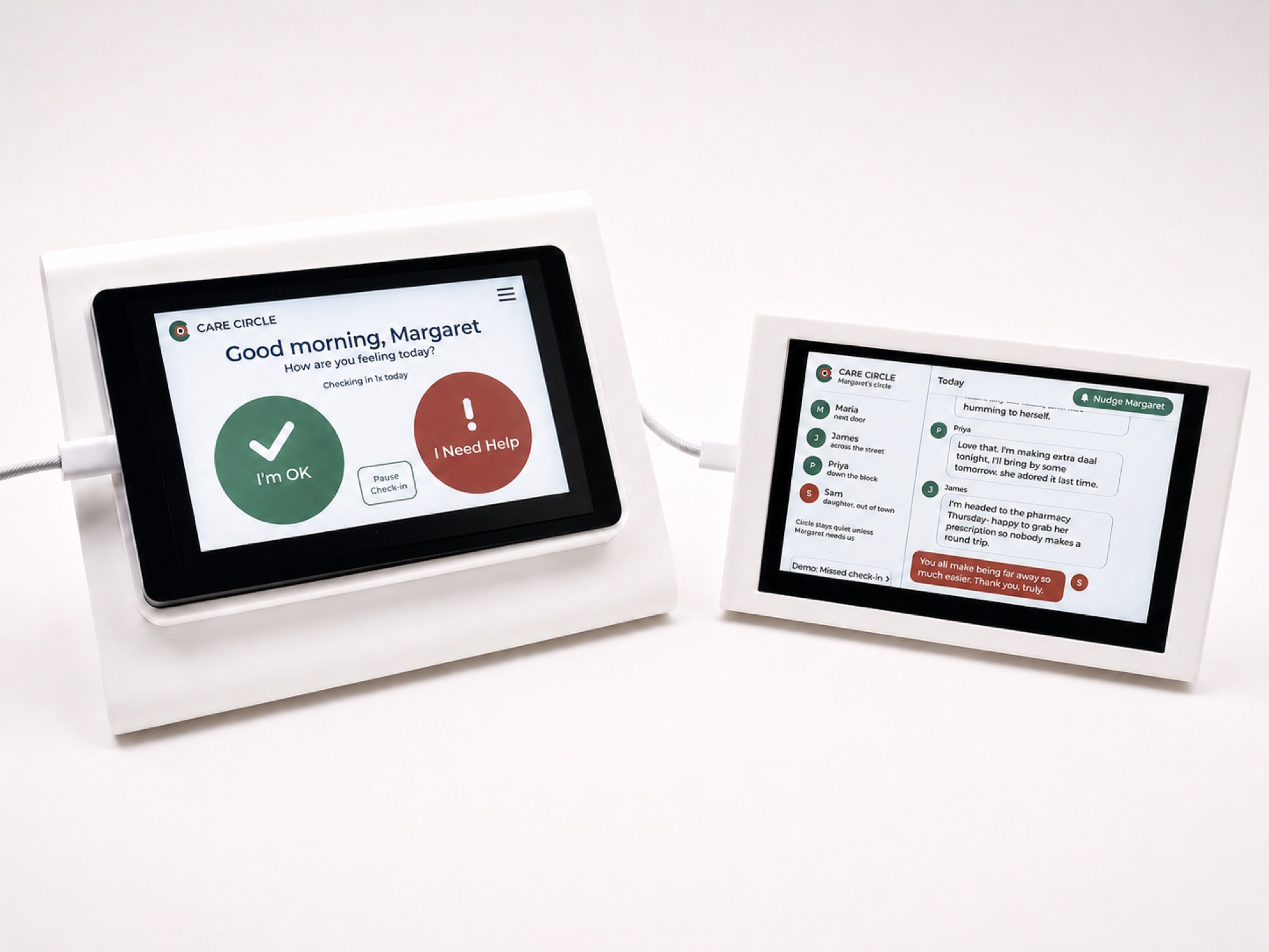 Two Care Circle devices side by side: Margaret's check-in screen and the circle board