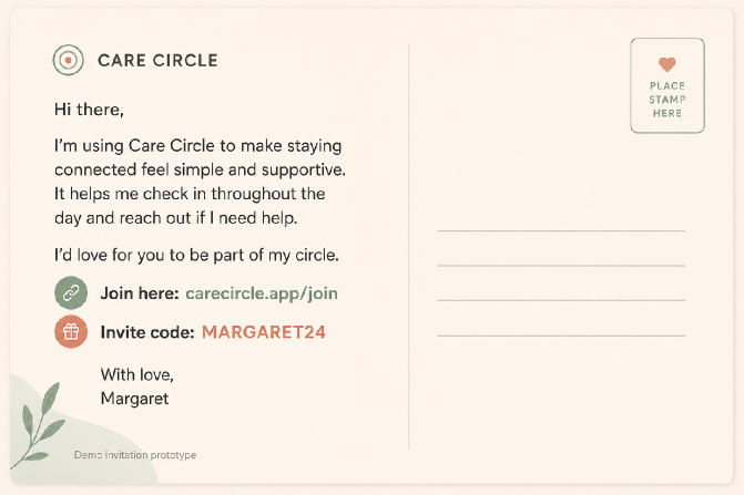 Printed postcard invitation written from Margaret with an invite code