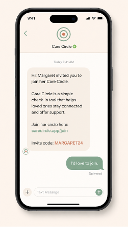 Text message invitation to join Margaret's Care Circle with an invite code