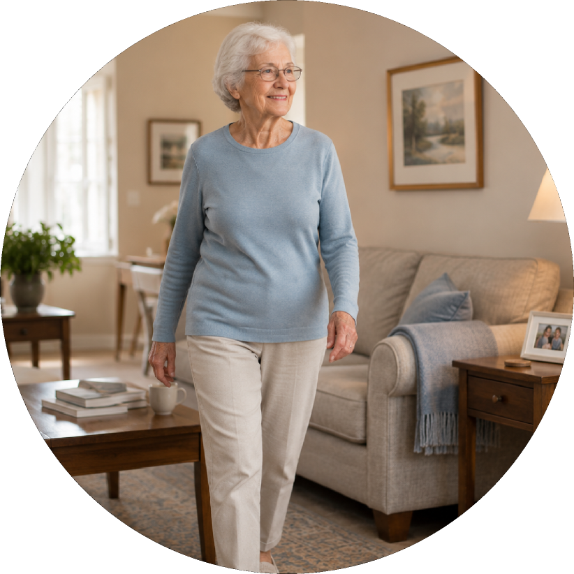 Margaret, an older woman, walking through her living room