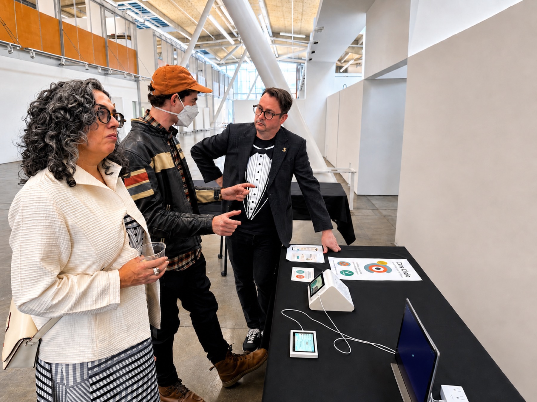 Josh talking with visitors at the CCA graduate demo show with both devices running on the table